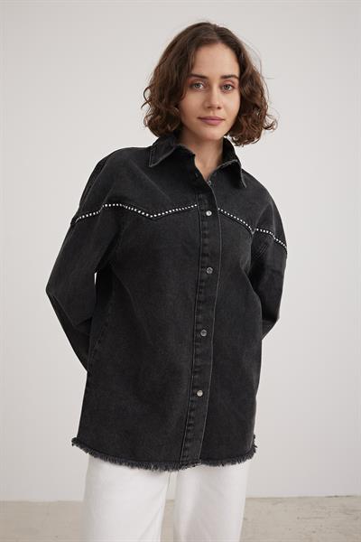 Oversize Taş Detaylı Kadın Denim Ceket SİYAH