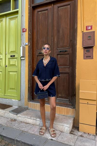 Paça Nakış Detaylı Beli Lastikli Kısa Şort LACİVERT