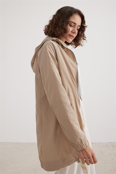 Paraşüt Kumaş Cep Detay Kapüşonlu Kadın Trençkot TAŞ