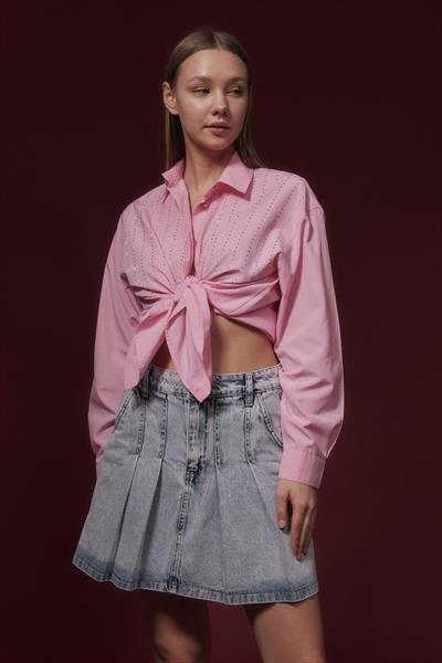 Pileli Kısa Kot Etek BLUE