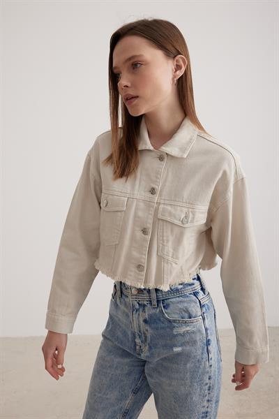 Püskül Detaylı Crop Kadın Kot Ceket TAŞ