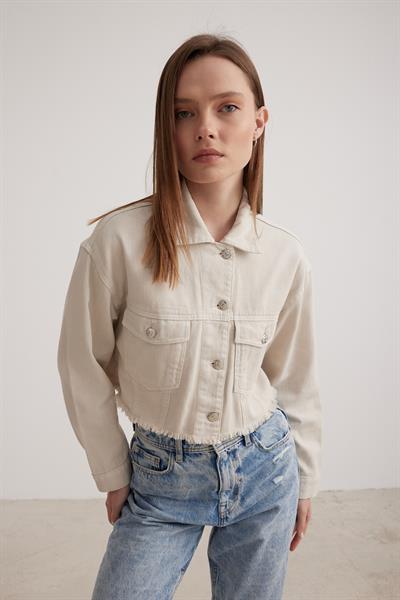 Püskül Detaylı Crop Kadın Kot Ceket TAŞ