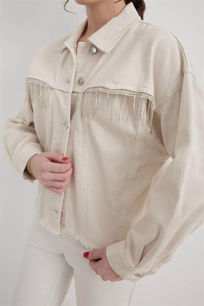 Püskül Detaylı Kadın Kot Ceket TAŞ