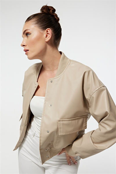 Ribana Yaka Cep Detay Çıtçıtlı Suni Deri Kadın Ceket TAŞ