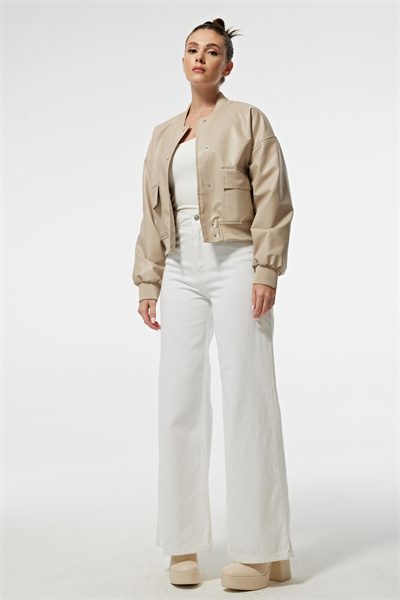 Ribana Yaka Cep Detay Çıtçıtlı Suni Deri Kadın Ceket TAŞ