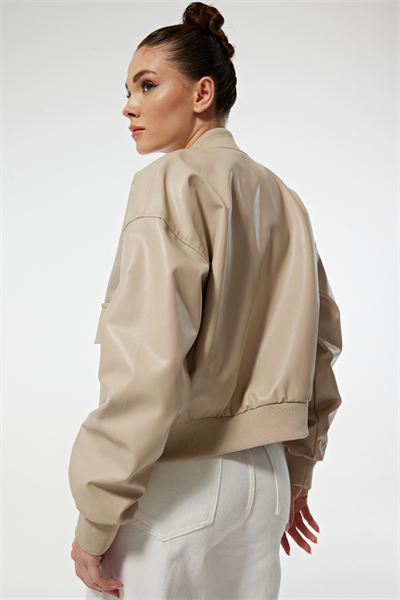 Ribana Yaka Cep Detay Çıtçıtlı Suni Deri Kadın Ceket TAŞ