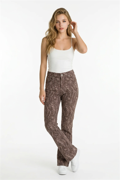 Şal Desenli İspanyol Paçalı Kot Pantolon KAHVE