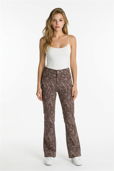 Şal Desenli İspanyol Paçalı Kot Pantolon KAHVE