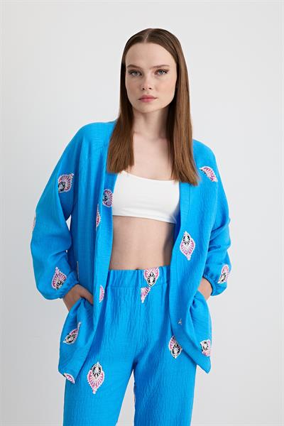 Şal Desenli Keten Pantolon MAVİ