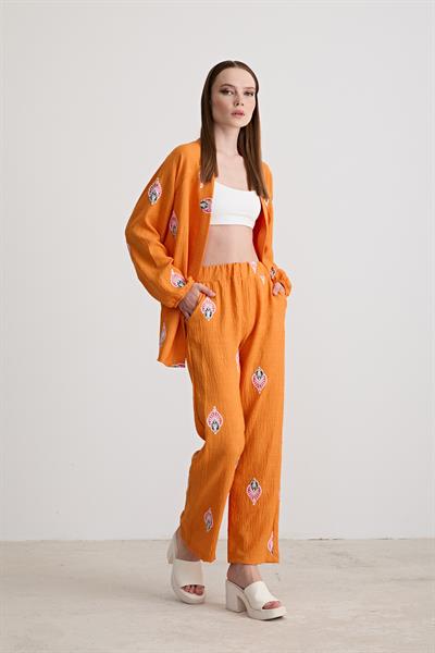 Şal Desenli Uzun Kollu Ceket ORANJ