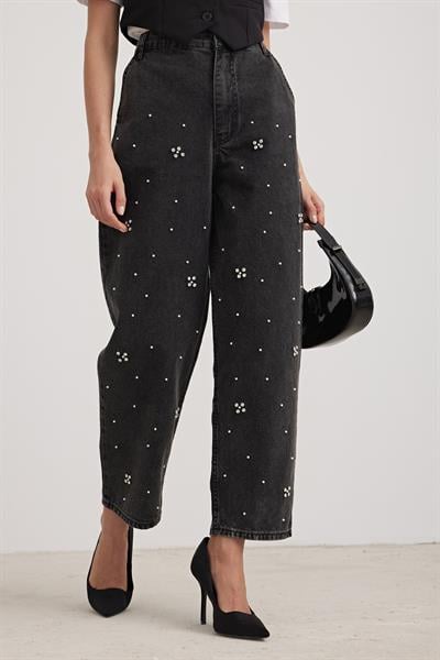 Skater Fit  Black İncili Kadın Jean BLACK