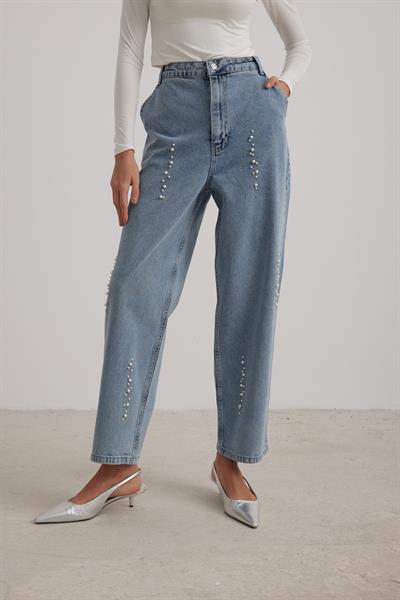 Skater Fit İnci Detaylı Blue Kadın Jean KAR YIKAMA