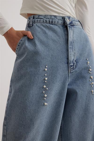 Skater Fit İnci Detaylı Blue Kadın Jean KAR YIKAMA