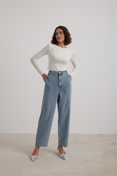 Skater Fit İnci Detaylı Blue Kadın Jean KAR YIKAMA