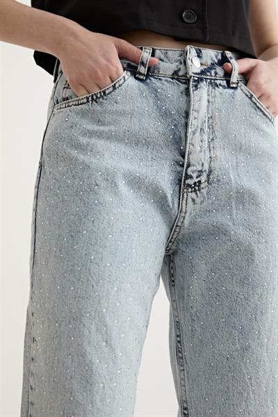 Taş Detaylı Kadın Mom Jean Pantolon BLUE