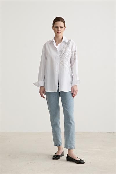Taş Detaylı Oversize Gömlek BEYAZ