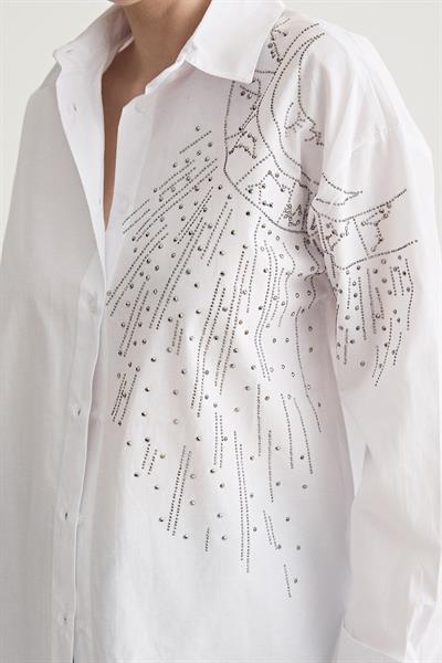 Taş Detaylı Oversize Gömlek BEYAZ