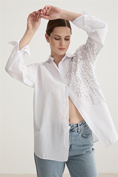 Taş Detaylı Oversize Gömlek BEYAZ