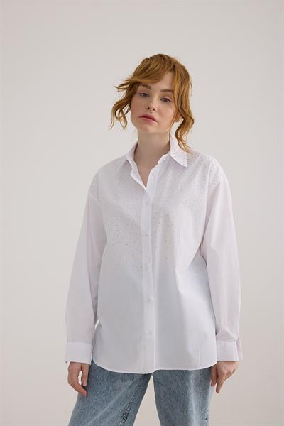 Taş Detaylı Oversize Gömlek BEYAZ