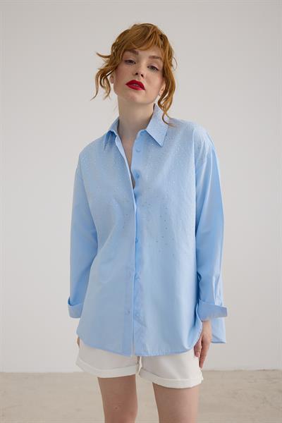 Taş Detaylı Oversize Gömlek MAVİ
