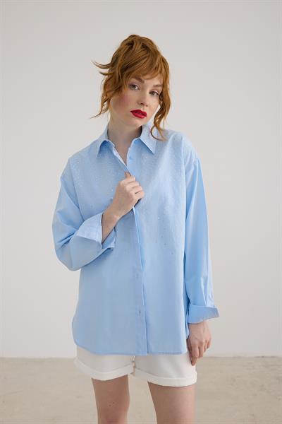 Taş Detaylı Oversize Gömlek MAVİ