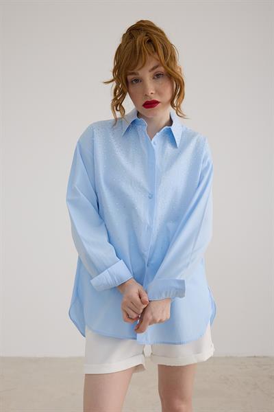 Taş Detaylı Oversize Gömlek MAVİ
