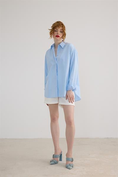 Taş Detaylı Oversize Gömlek MAVİ