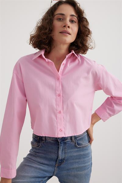 Uzun Kol Kadın Crop Gömlek PEMBE