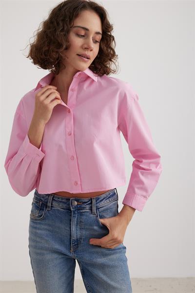 Uzun Kol Kadın Crop Gömlek PEMBE