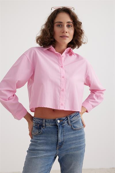 Uzun Kol Kadın Crop Gömlek PEMBE