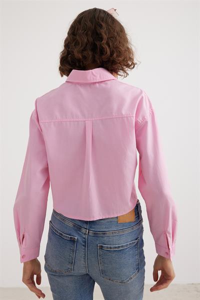 Uzun Kol Kadın Crop Gömlek PEMBE