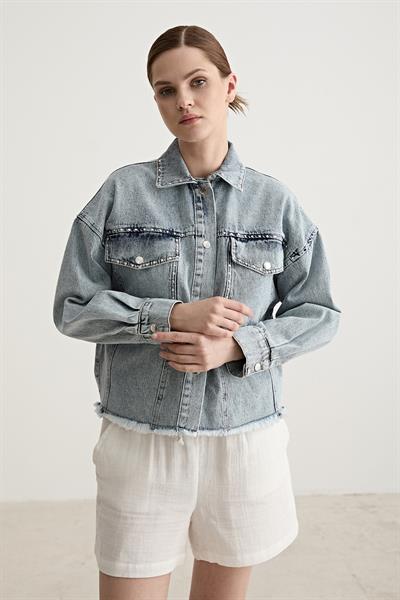 Uzun Kollu Taş Detaylı Kot Ceket BLUE