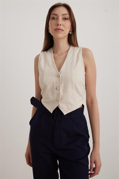 V Yaka Denim Kadın Yelek TAŞ