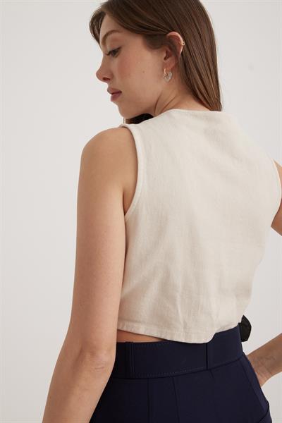 V Yaka Denim Kadın Yelek TAŞ