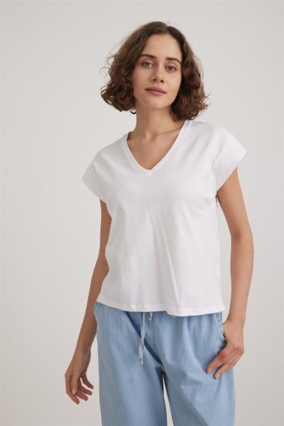 V Yaka Kadın Basic Tshirt BEYAZ