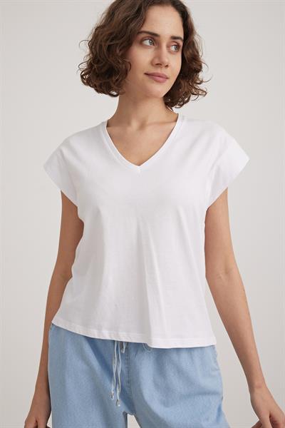 V Yaka Kadın Basic Tshirt BEYAZ