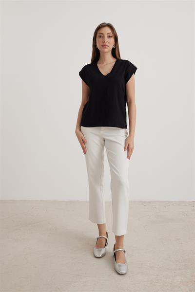 V Yaka Kadın Basic Tshirt SİYAH