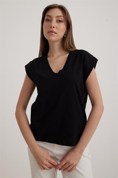 V Yaka Kadın Basic Tshirt SİYAH
