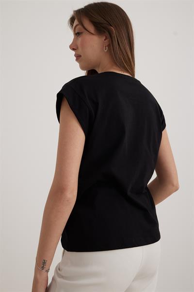 V Yaka Kadın Basic Tshirt SİYAH