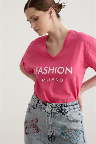 V Yaka Kol Katlama Detaylı Tshirt FUŞYA