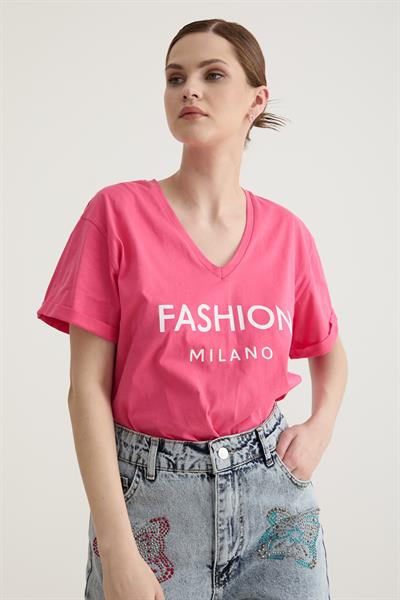 V Yaka Kol Katlama Detaylı Tshirt FUŞYA