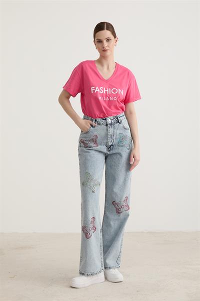V Yaka Kol Katlama Detaylı Tshirt FUŞYA