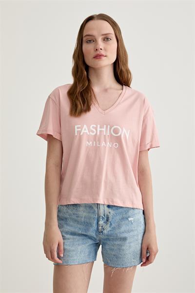 V Yaka Kol Katlama Detaylı Tshirt PUDRA