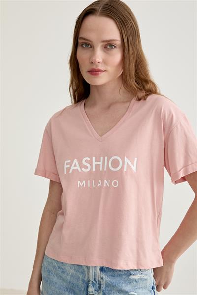 V Yaka Kol Katlama Detaylı Tshirt PUDRA