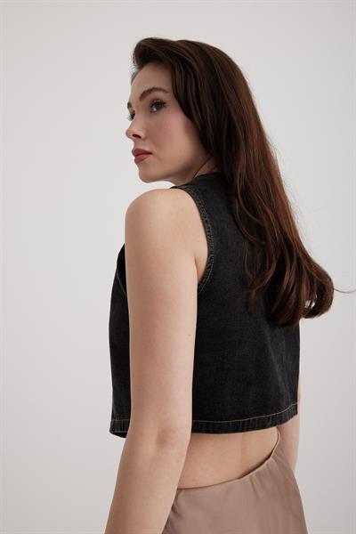V Yaka Siyah Kadın Kot Yelek KAR YIKAMA