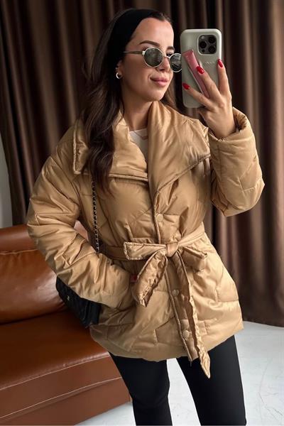 W Desenli Kapitone Mont CAMEL