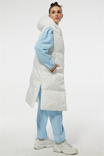 Yanları Fermuar Detaylı Dolumlu Uzun Kadın Yelek EKRU