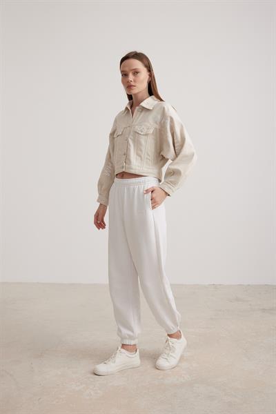 Yazı Detaylı Crop Kadın Kot Ceket TAŞ