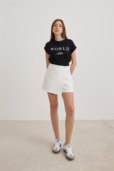 Yazı Detaylı Kısa Kol Kadın Tshirt SİYAH