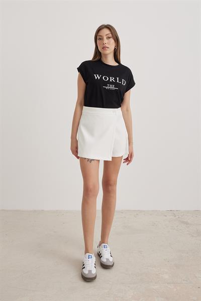 Yazı Detaylı Kısa Kol Kadın Tshirt SİYAH